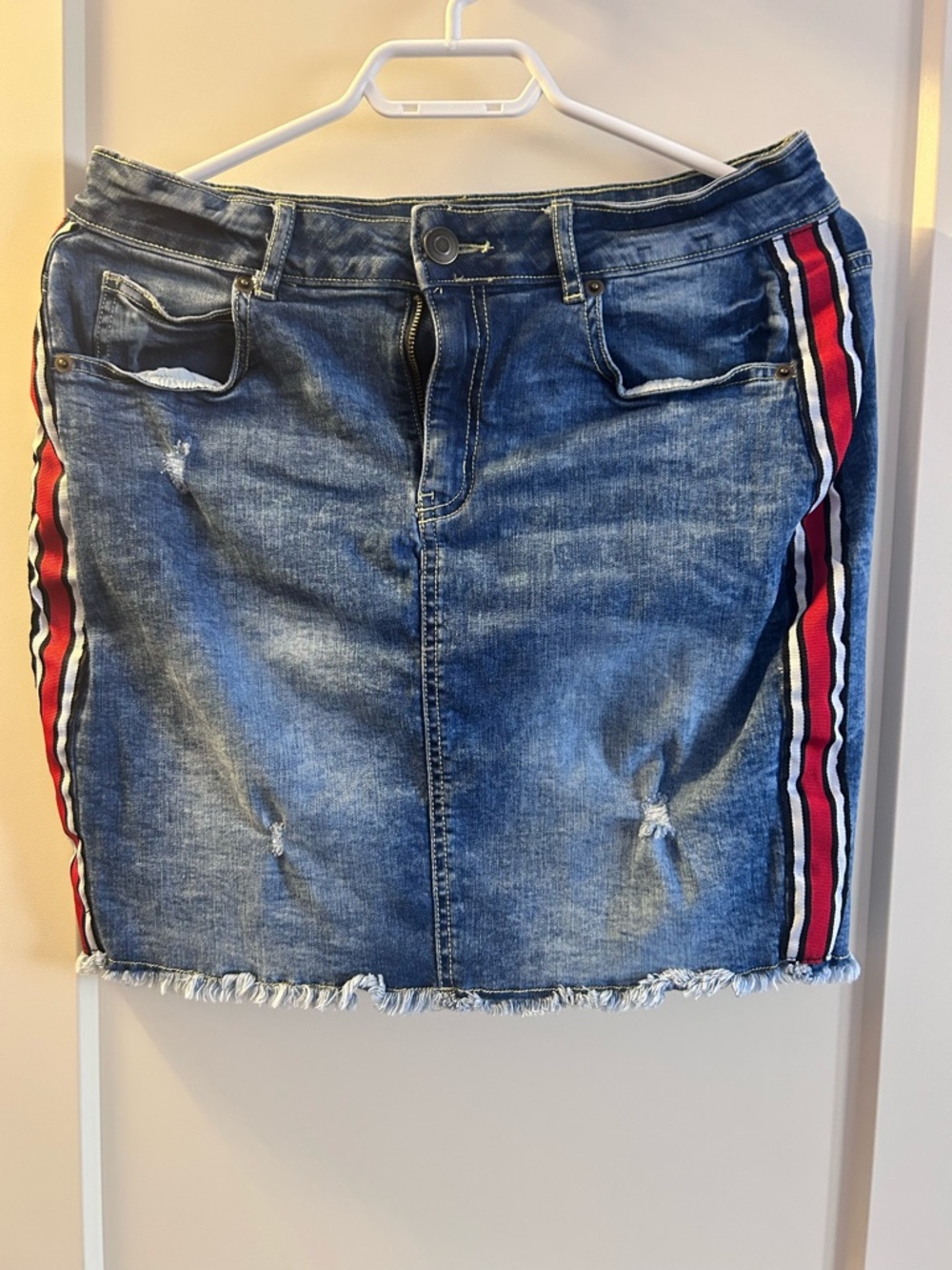 George Blue Denim Mini Skirt with Red and White Side Stripes